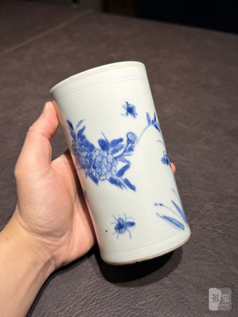 明崇祯 青花花鸟图笔筒 - 图7